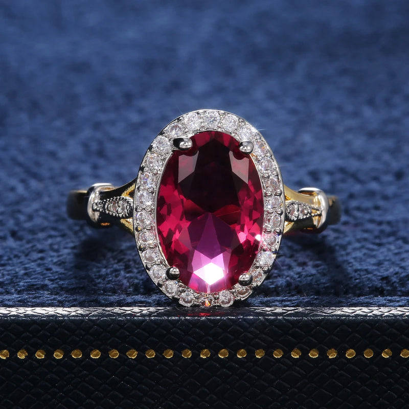 Big Oval Shaped Rose Red Cubic Zirconia Women Rings Luxury Ladies Jewelry for Party Best Mother'S Gift Brilliant CZ Rings