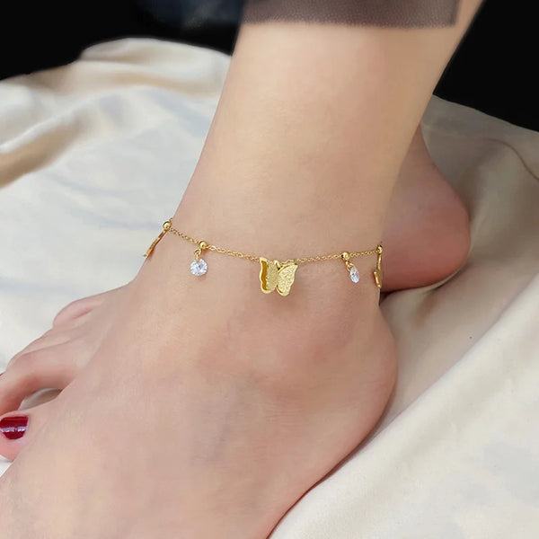 316L Stainless Steel Fashion High-End Jewelry 2 Layers Frosted Butterfly Zircon Charm Beaded Chain Anklet for Women